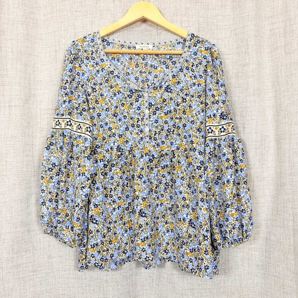 Max Studio Peasant Top Floral Balloon Sleeve Babydoll Sz L Boho Hippie‎ Festival